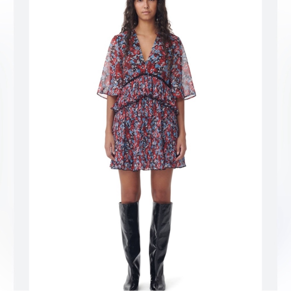 Ganni Red Floral Print Tiered Ruffle Chiffon Mini Dress Flutter Sleeve